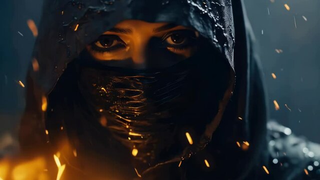 A person holding a candle inside a dark hood, possibly for a spooky or mysterious atmosphere.