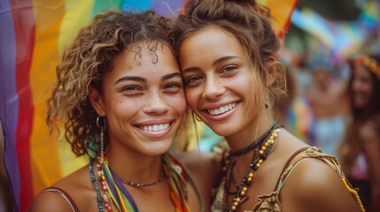 Fototapeta premium Happy Friends at Pride Celebration. Two smiling friends at a pride celebration, with rainbow flags in the background, representing LGBTQ pride and joy.