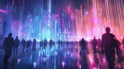 Futuristic social gathering: Illustrate a futuristic social gathering with advanced technology and innovative entertainment.