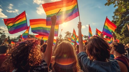 Fototapeta premium Crowd Waving Rainbow Flags at Pride Event. Crowd of people waving rainbow flags at a pride event, celebrating LGBTQ pride and unity under a sunny sky.