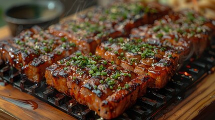 Succulent Grilled Pork Belly With Sesame Seeds and Green Onions. Generative AI