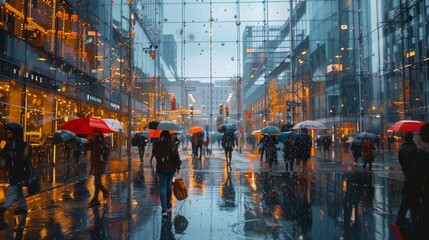 elegant city with people rushing around on a rainy day, Hyper realistic, Cinematic, Editorial Photography, f2