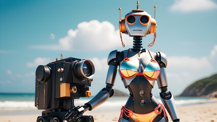 Fototapeta premium Robot wearing bikini on the beach Generative AI