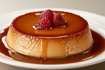 Classic flan dessert with caramel sauce and raspberries, perfect for dessert photography and gourmet enthusiasts
