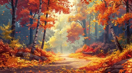 a serene autumn forest with orange trees and a path, featuring a vibrant red and orange tree in the foreground