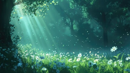 Obraz premium a serene forest scene with tall trees and a white flower in the foreground, illuminated by the sun shining through the trees