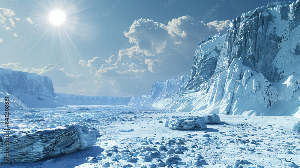 Aufkleber panoramic view of a snow-covered tundra with towering ice cliffs under a clear blue sky