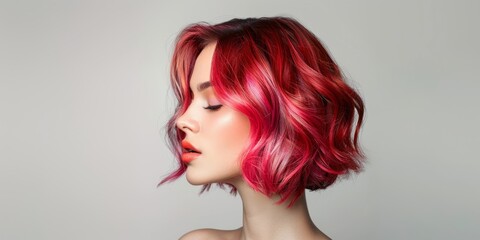 Woman with ombre bob short hairstyle with bright hair. Copy space for text