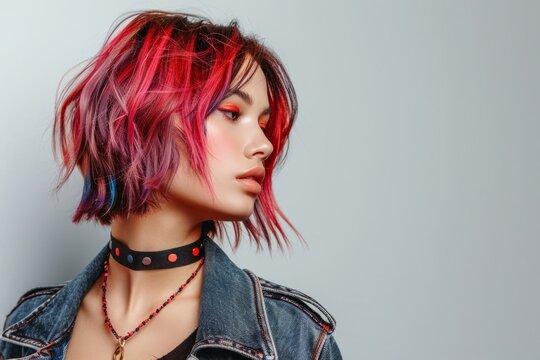 Woman with ombre bob short hairstyle with bright hair. Copy space for text