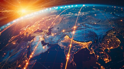 A solar cell powering a world map, with lines of code connecting different regions: This image represents the global potential of solar cell technology and coding in addressing energy challenges and p