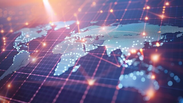 A solar cell powering a world map, with lines of code connecting different regions: This image represents the global potential of solar cell technology and coding in addressing energy challenges and p