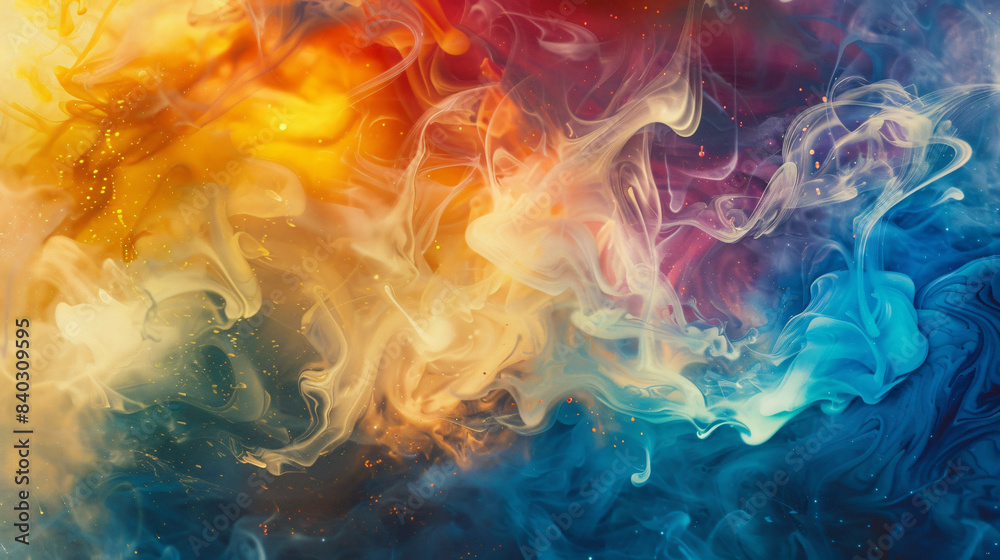 Poster vividly hued abstract illustration with intertwining smoke patterns