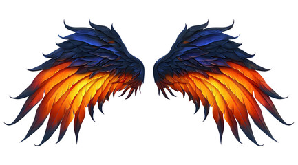 Fototapeta premium Vibrant, colorful digital illustration of symmetrical angel wings with blue, orange, and yellow feathers on a transparent background. PNG transparent