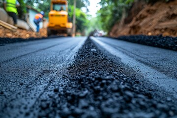 Asphalt road roller at the construction site of a new road