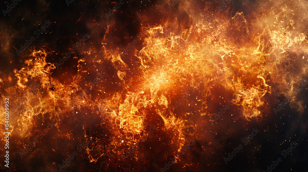 Poster high-resolution depiction of a vibrant fire explosion with blazing particles and flames