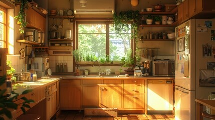 a bright and airy kitchen with wooden cabinets, a white refrigerator, and a white microwave on a white countertop a green plant adds a touch of nature to the space, while