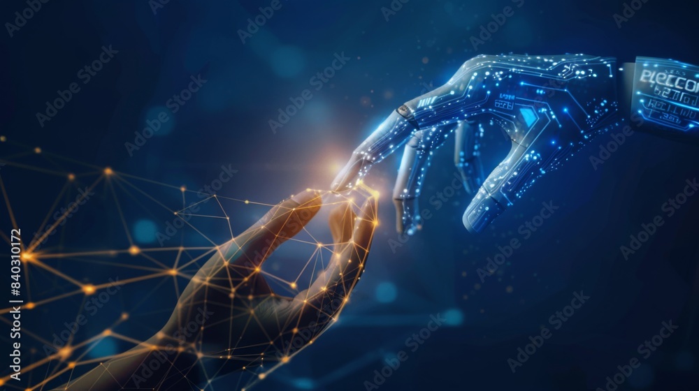 Fototapete AI, Machine learning, Hands of robot and human touching on big data network connection, Data exchange, deep learning, Science and artificial intelligence technology, innovation of futuristic.