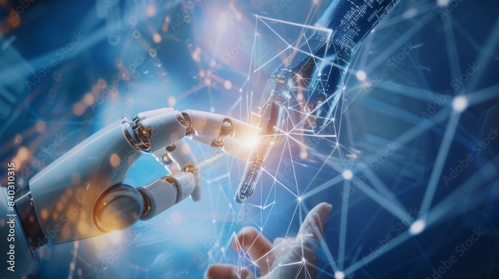 Leinwandbilder AI, Machine learning, Hands of robot and human touching on big data network connection, Data exchange, deep learning, Science and artificial intelligence technology, innovation of futuristic.