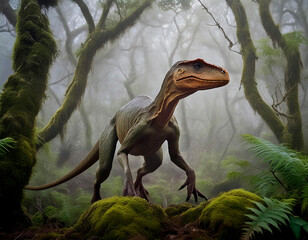 Velociraptor que sale del interior de un bosque del jurásico