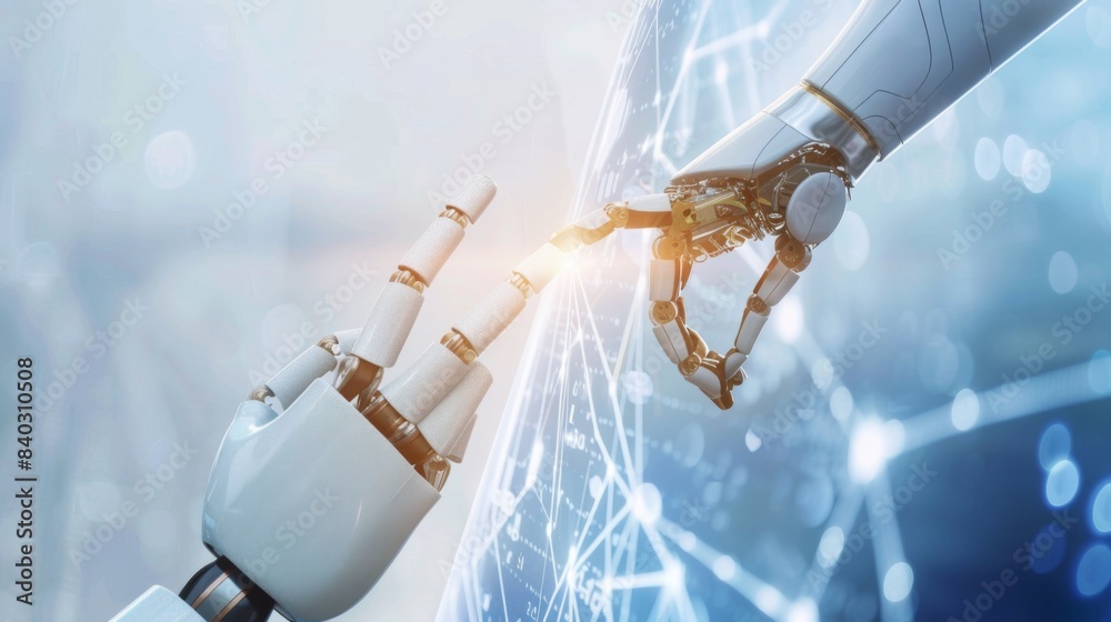 Fototapete AI, Machine learning, Hands of robot and human touching on big data network connection, Data exchange, deep learning, Science and artificial intelligence technology, innovation of futuristic.