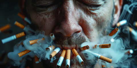 man smoking a lot of cigarettes, concept of bad habits, quit smoking
