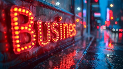 Fototapeta premium Illuminated Cityscape: A Neon Business Sign Glows Amidst Rain and City Lights. Generative AI