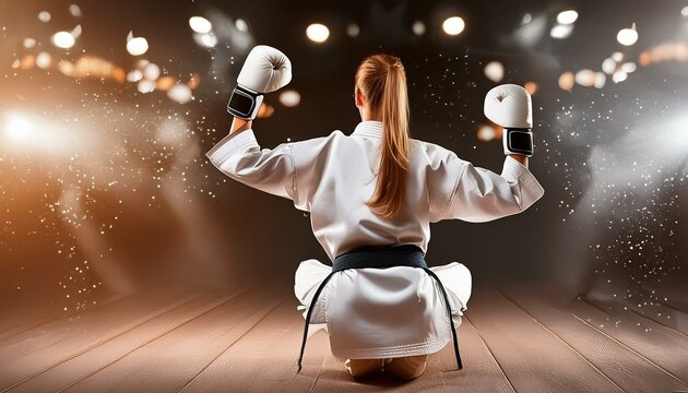 karate woman in kimono wearing gloves posing on the floor; back view; fighting without pattern or uniform, martial arts concept - girl is practicing punch