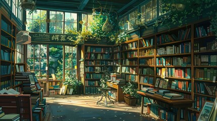 a cozy reading nook with a wooden table and chairs, surrounded by books and a potted plant, illuminated by a glass window