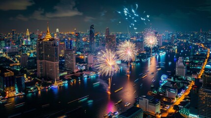 Bangkok, Thailand - 2020, October 31 : Night scene of the Fireworks with view of Bangkok, Thailand.