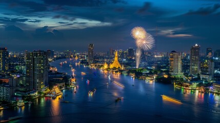 Bangkok, Thailand - 2020, October 31 : Night scene of the Fireworks with view of Bangkok, Thailand.