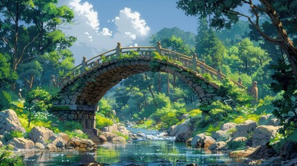 a serene bridge spans over a tranquil river surrounded by lush green trees under a clear blue sky with a single white cloud