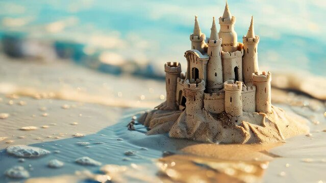 Detailed sandcastle on beach with ocean waves in background