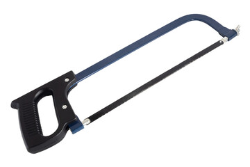 Blue hacksaw on a white background. Plumber's tool, carpenter's tool. Instrument for cutting or sawing.