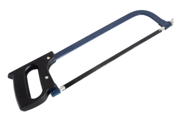 Blue hacksaw on a white background. Plumber's tool, carpenter's tool. Instrument for cutting or sawing.