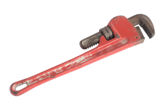 Worn pipe wrench isolated on a transparent  background. Plumbing tool. Old tool.