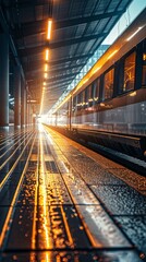 Urban Train Station close up, focus on, copy space Modern architecture, sleek design, dynamic movement, Double exposure silhouette with trains and station