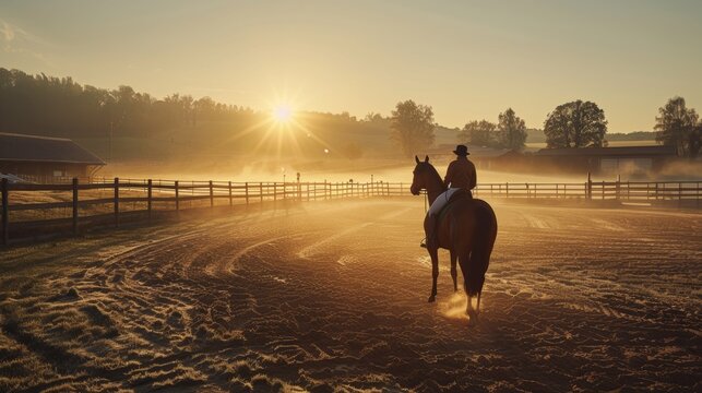 Trainer Working with Young Horse in Round Pen at Horse Stud Farm

