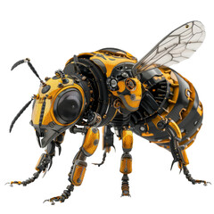 A robotic bee with intricate mechanical details, rendered in a striking yellow and black color scheme.