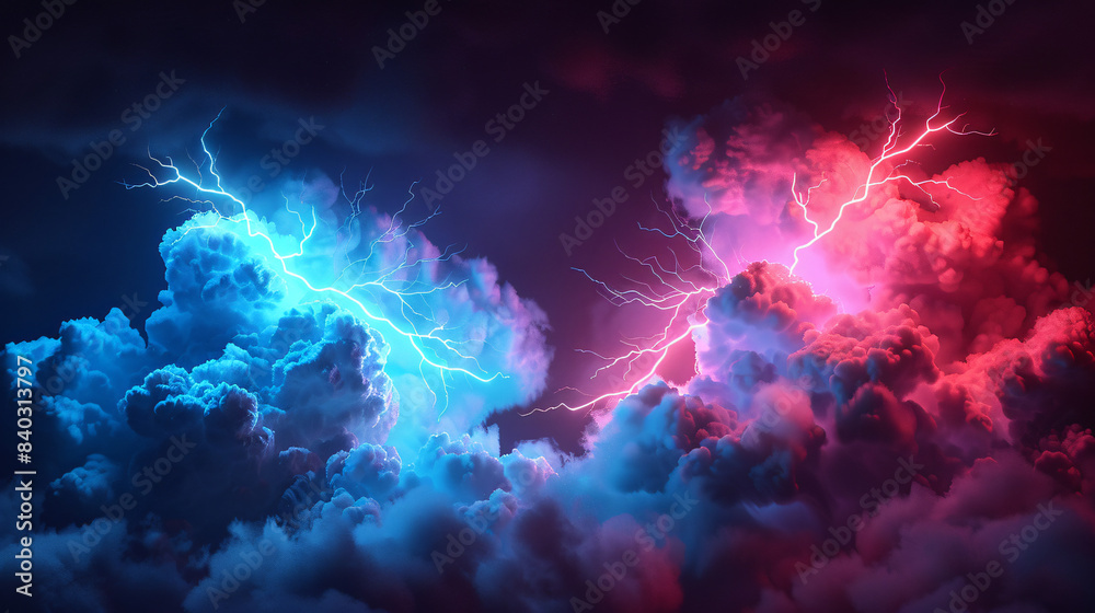 Poster Dynamic display of thunderclouds illuminated by powerful lightning bolts