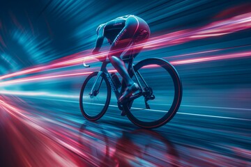 Cyclist in futuristic racing scene with neon lights