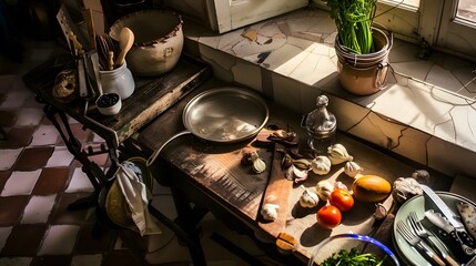 Cozy rustic kitchen with fresh vegetables and cooking ingredients on a wooden table, bathed in warm sunlight through the window.