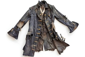 Fototapeta premium A Tattered and Worn Pirate Coat with Iconic Gold Buttons Isolated on White Background