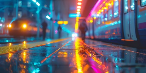 Urban Train Station close up, focus on, copy space Modern architecture, sleek design, dynamic movement, Double exposure silhouette with trains and station