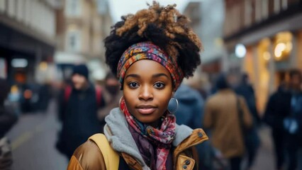 A woman standing amidst a busy city street scene with people going about their daily lives.