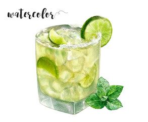 A watercolor painting showcases a margarita cocktail  garnished with lime slices and mint leaves, highlighting the vibrant colors of citrus fruit and fines herbes. PNG
