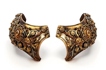 Obraz premium A pair of ornate decorative cuffs showcasing intricate metallic braided patterns and embellishments on a pure white background