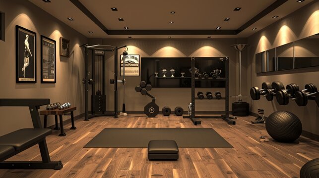 Elite Athlete's Personal Sanctuary Home Gym with HighEnd Equipment Trophies and Motivational Posters for Peak Performance and Success