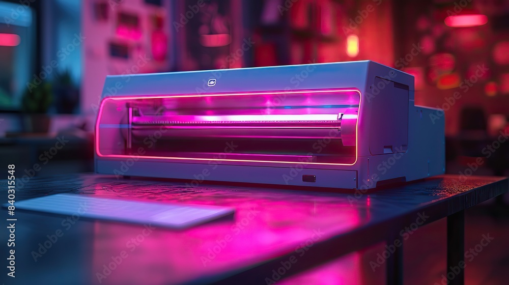 Poster in this printing banner an icon of printer in a technology neon frame in a modern technology style i