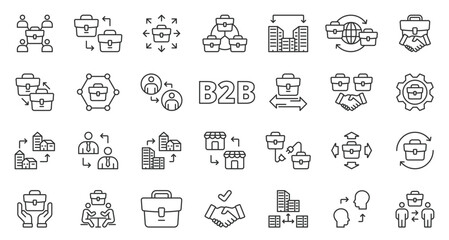 B2B icons, in line design. B2B, business, commerce, trade, company, corporate, services on white background vector. B2B editable stroke icons.