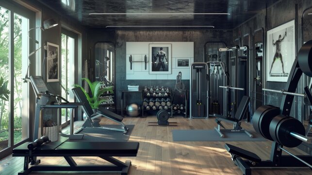 Elite Athlete's Personal Sanctuary Home Gym with HighEnd Equipment Trophies and Motivational Posters for Peak Performance and Success